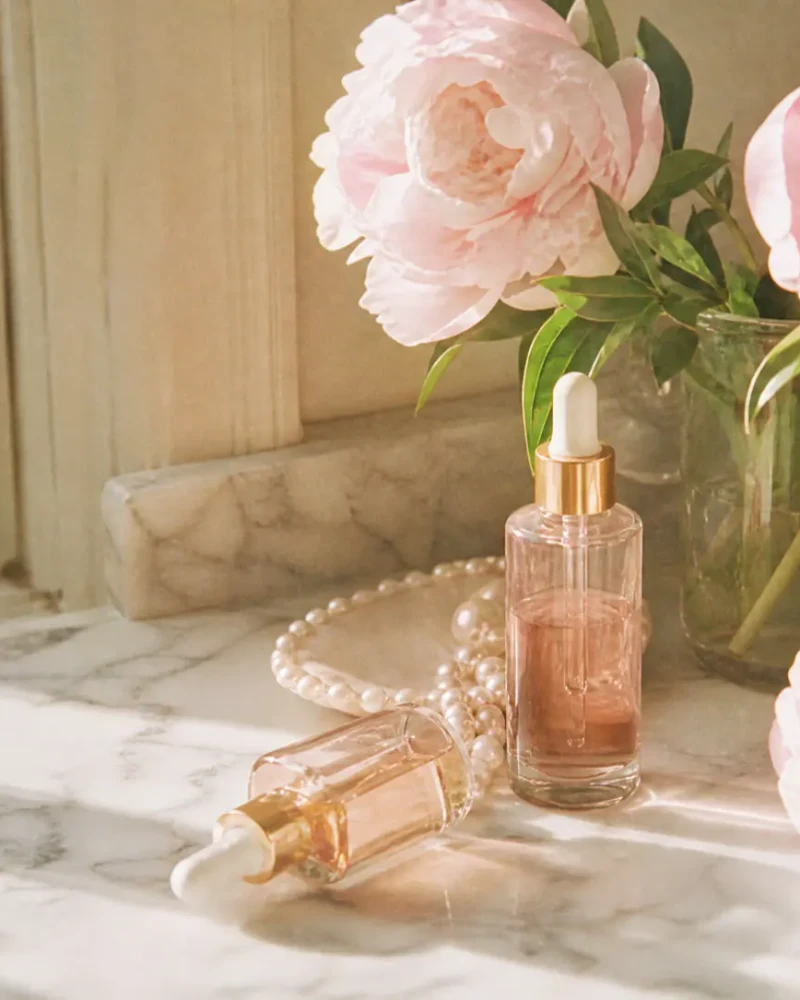 Pink peonies and serum bottles on marble